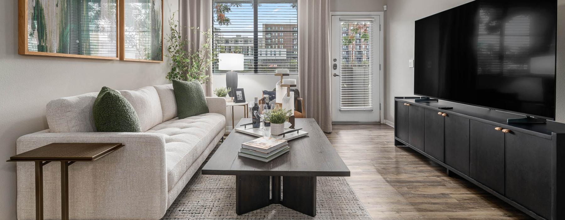 a living room with a tv and couches