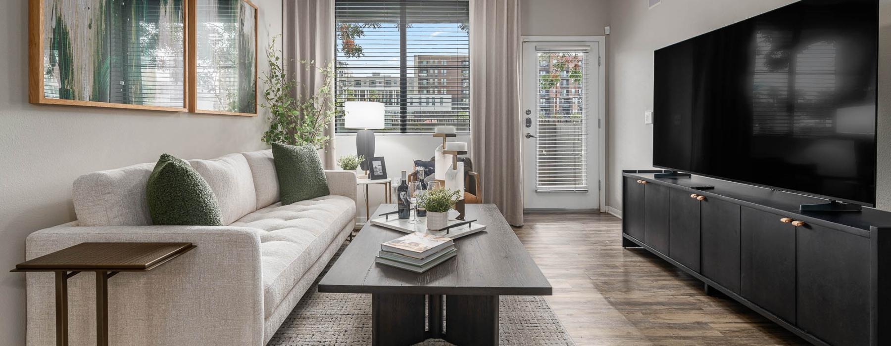 a living room with a tv and couches